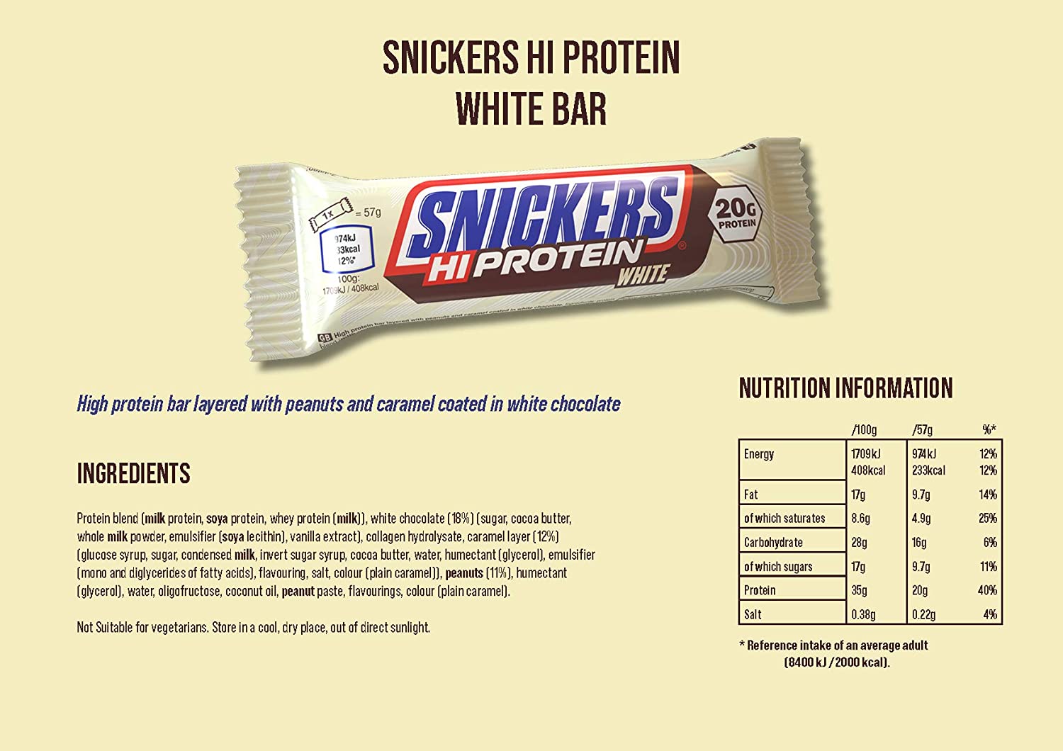 Snickers White High Protein Cookie De Mars - 12 Barres Protéinées Saveur Chocolat Blanc & Cacahuète - Idéal Pour Les Sportifs Et Les Petits Creux !